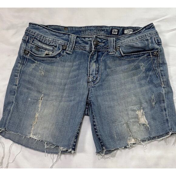 Miss Me Shorts Size 30 Blue Boot Cutoff Distressed Embellished Fleur-De-Lis Logo - Picture 1 of 11